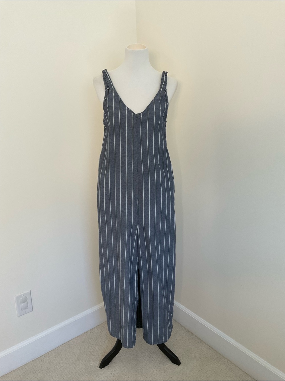 Zanzea Collection Navy and White Pinstripe V-Neck Jumpsuit